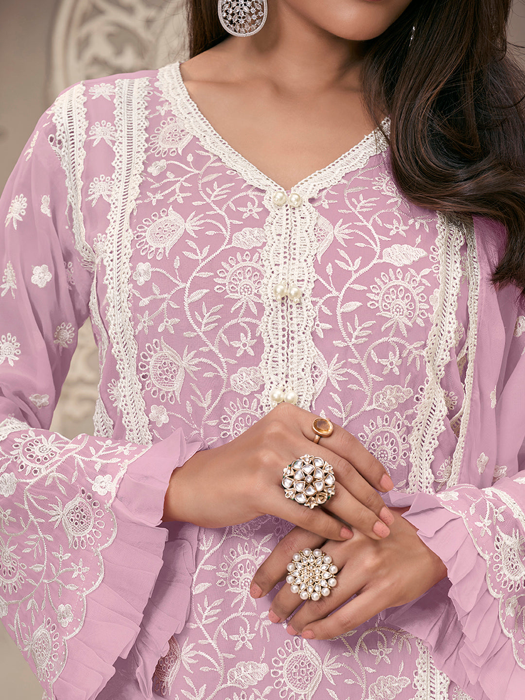 Light Lavender Kurta Set in Organza Fabric with Schiffli Work
