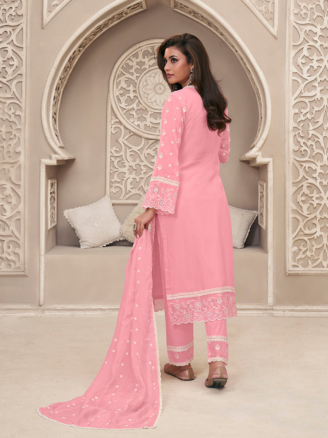 Pink Organza Fabric with Shiffli work Kurta Suit Set by Qivii