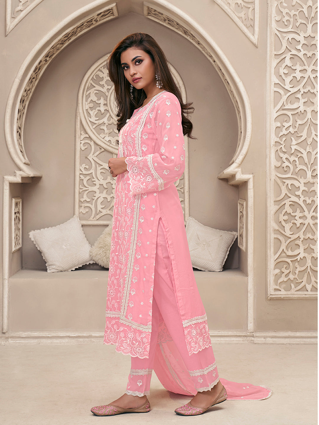 Pink Organza Fabric with Shiffli work Kurta Suit Set by Qivii