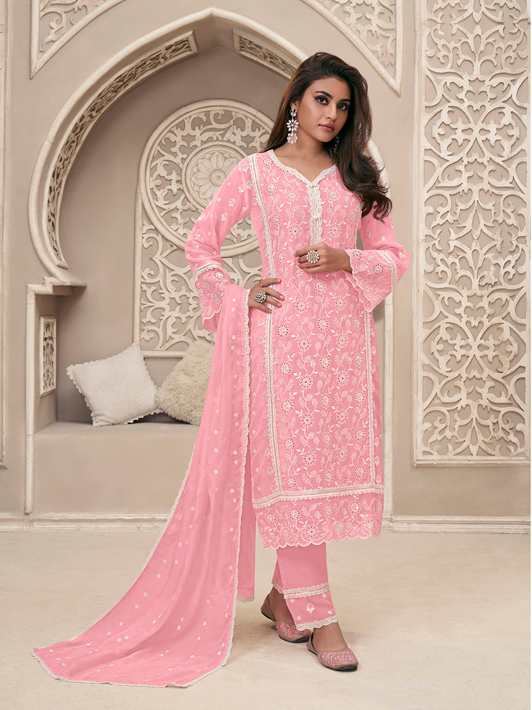 Pink Organza Fabric with Shiffli work Kurta Suit Set by Qivii