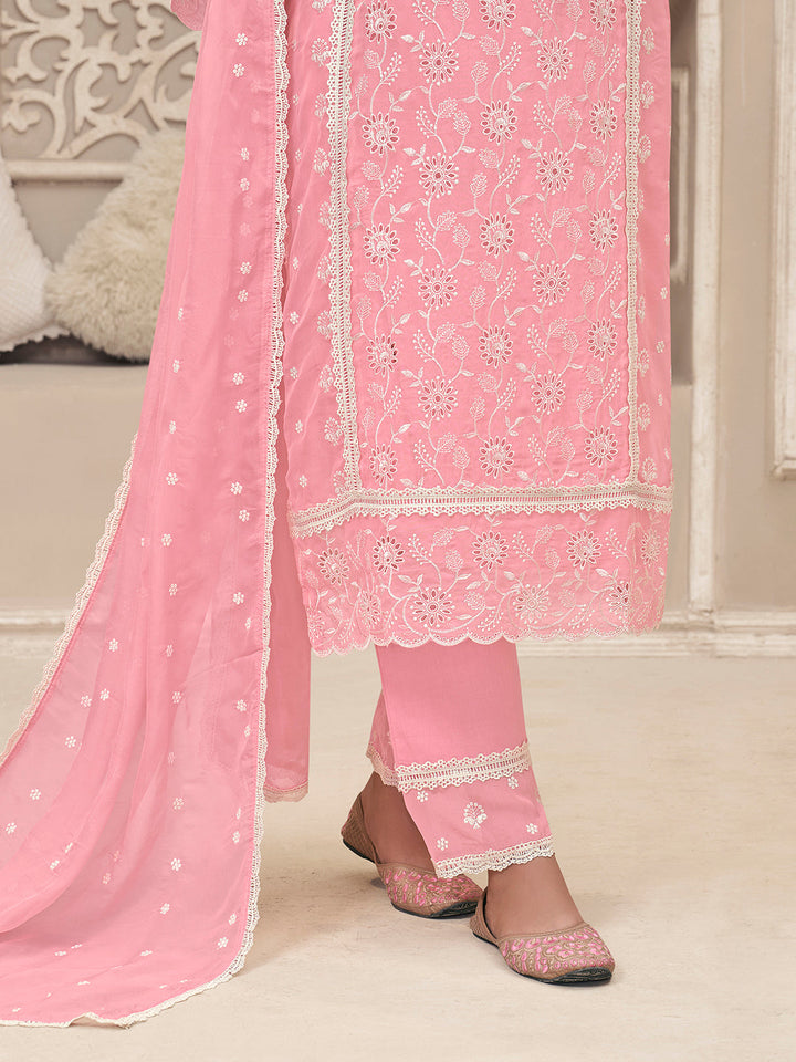 Pink Organza Fabric with Shiffli work Kurta Suit Set by Qivii