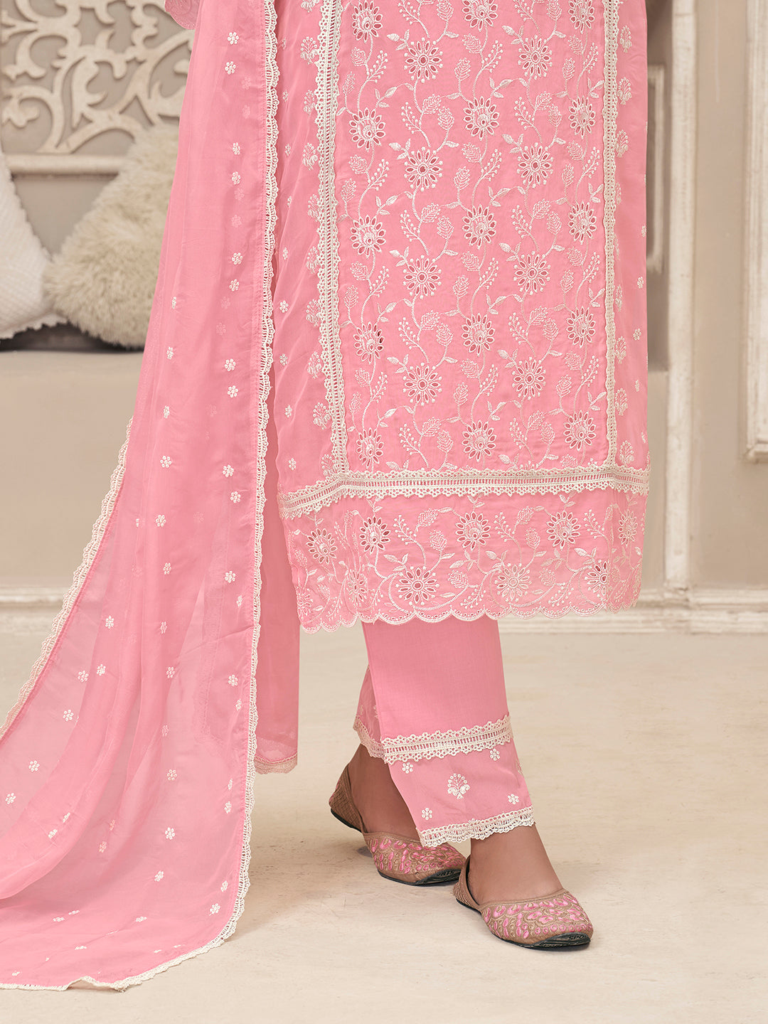 Pink Organza Fabric with Schiffli work Kurta Suit Set