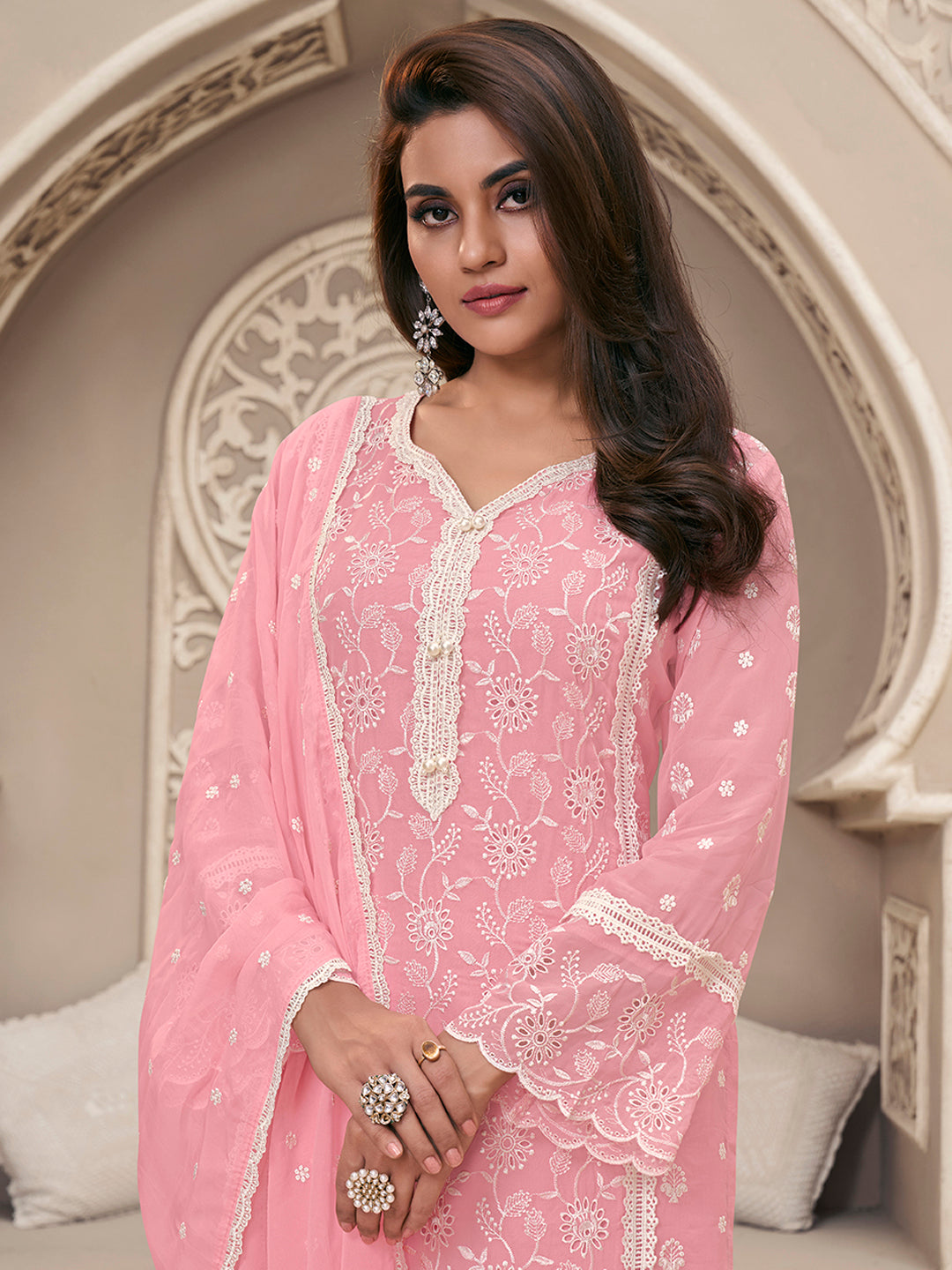 Pink Organza Fabric with Shiffli work Kurta Suit Set by Qivii