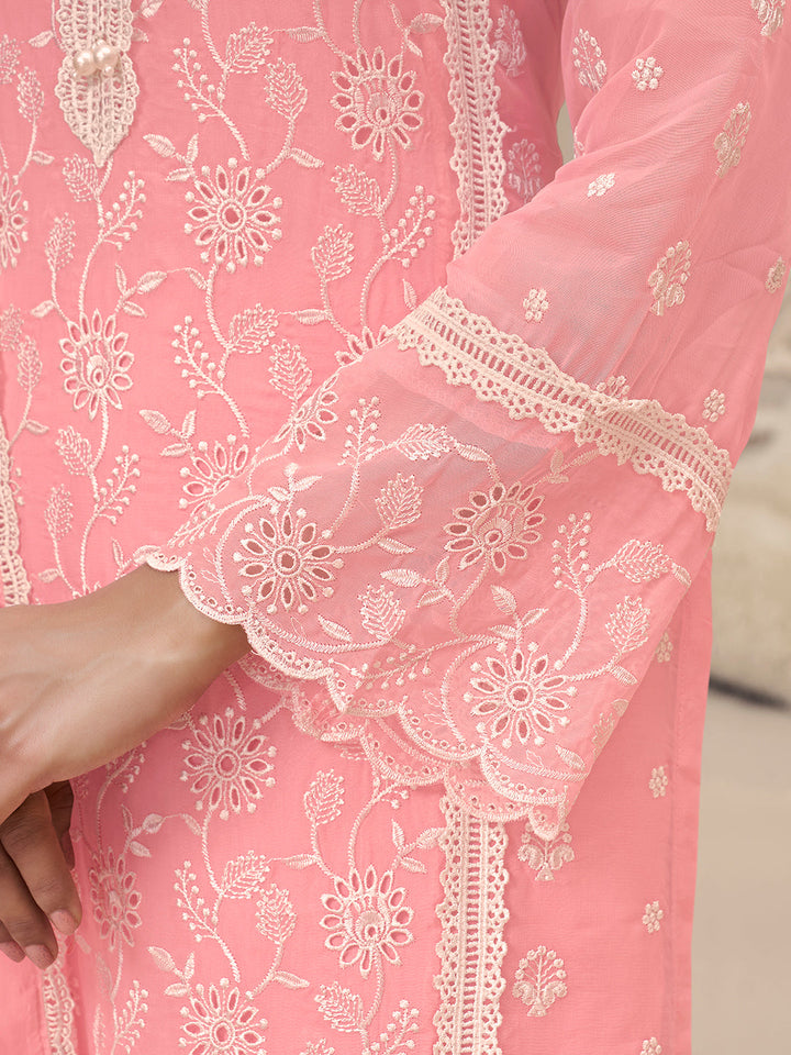 Pink Organza Fabric with Shiffli work Kurta Suit Set by Qivii