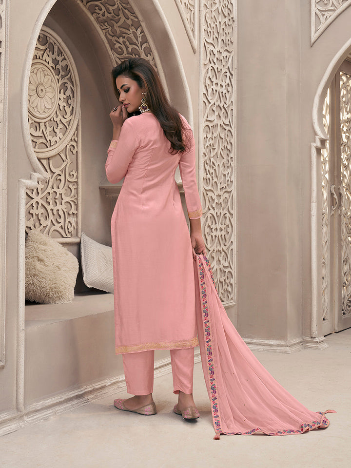 Pink Meena Jacquard Colour Floral Kurta Suit Set by Qivii