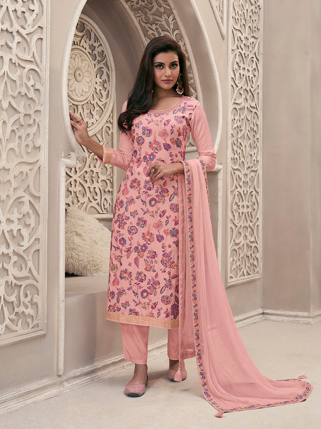 Pink Meena Jacquard Colour Floral Kurta Suit Set by Qivii