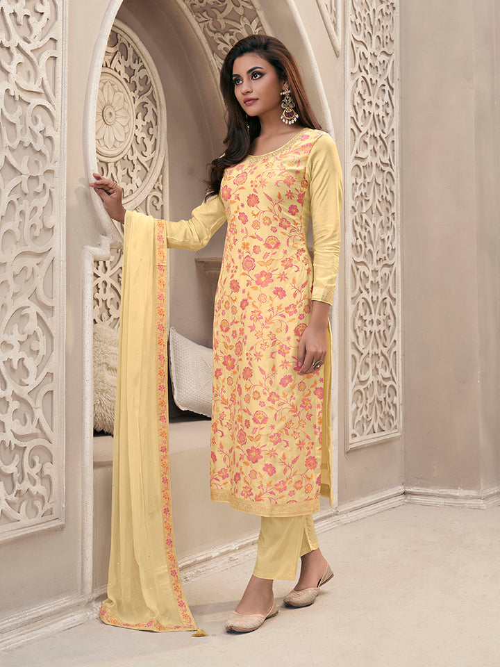 Yellow Meena Jacquard Colour Floral Kurta Suit Set by Qivii