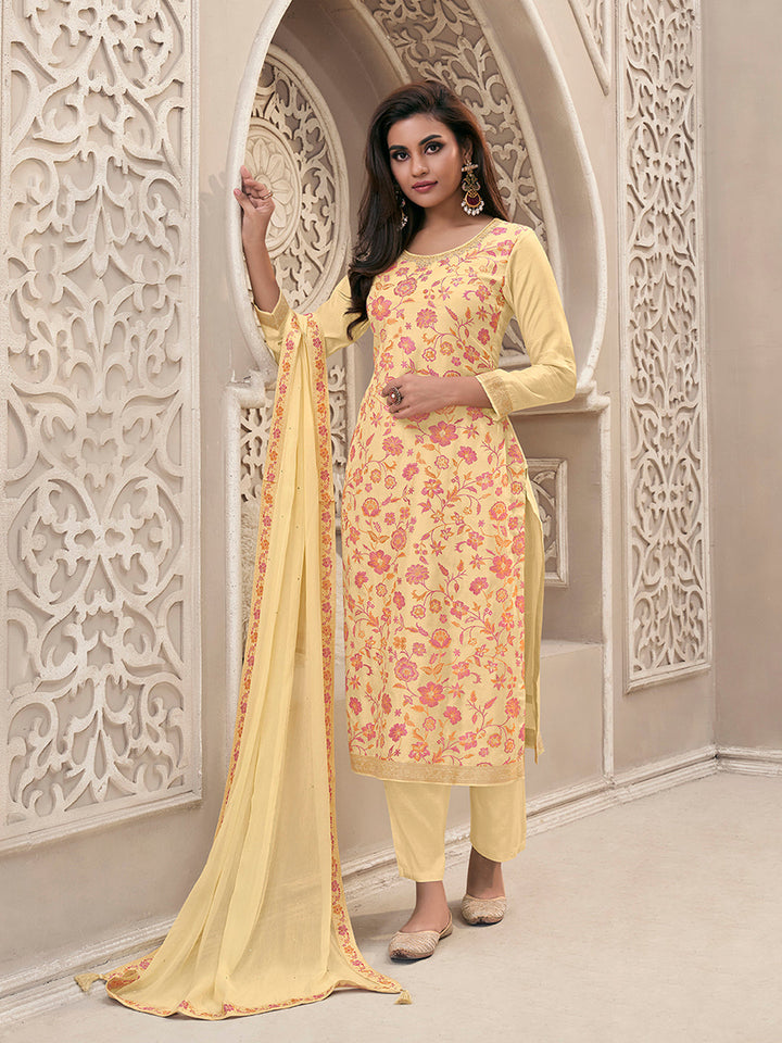 Yellow Meena Jacquard Colour Floral Kurta Suit Set by Qivii