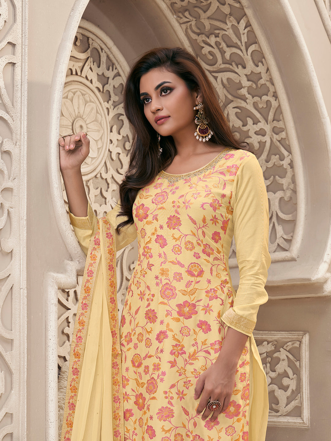 Yellow Meena Jacquard Colour Floral Kurta Suit Set by Qivii