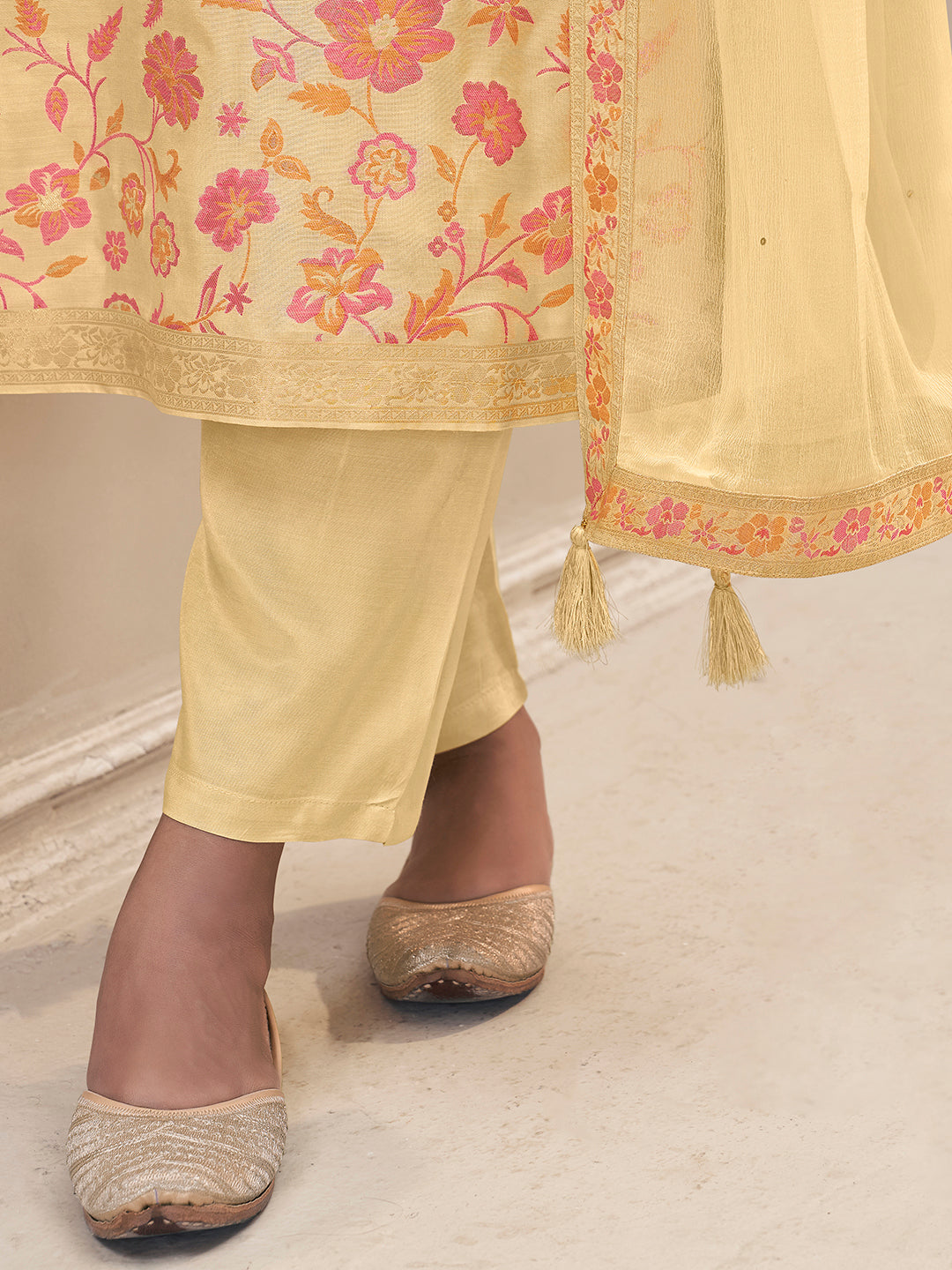 Yellow Meena Jacquard Colour Floral Kurta Suit Set by Qivii