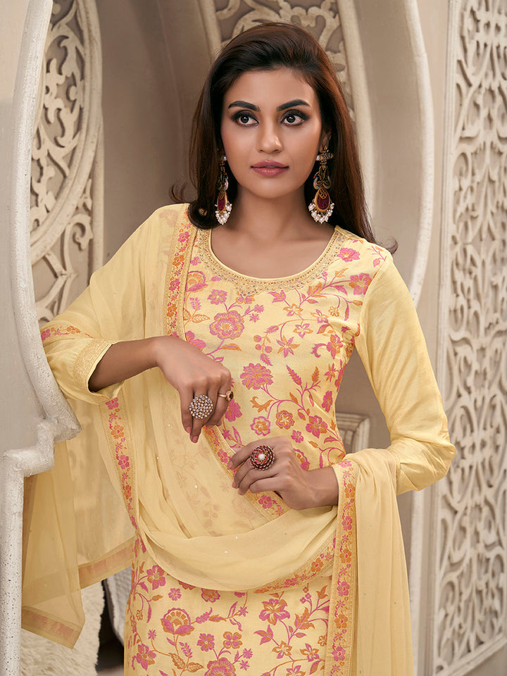 Yellow Meena Jacquard Colour Floral Kurta Suit Set by Qivii