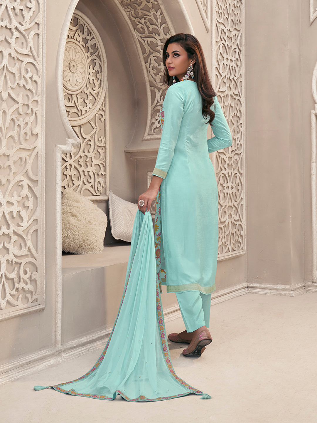 Blue Meena Jacquard Colour Floral Kurta Suit Set