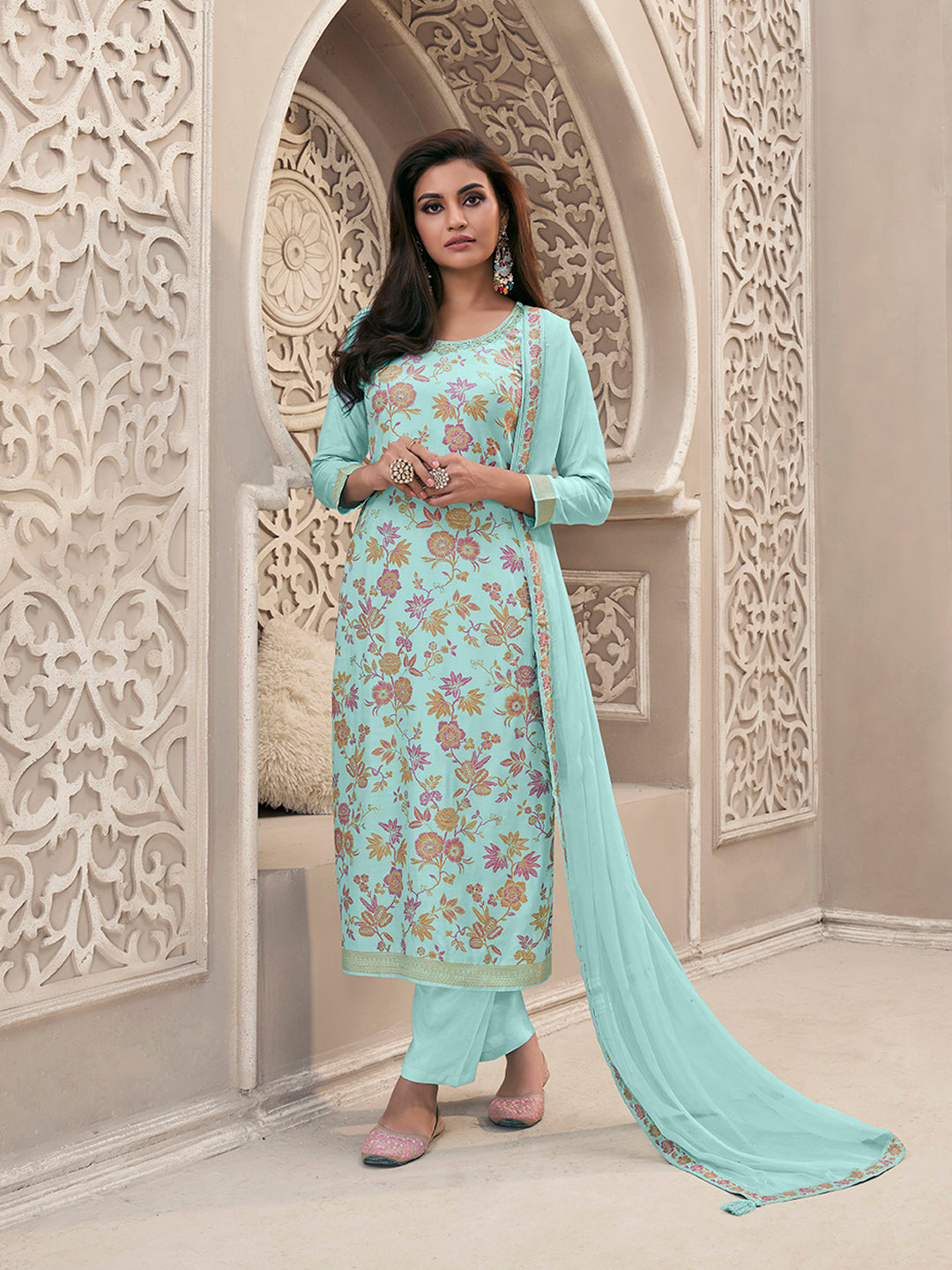 Blue Floral Jacquard Kurta Suit Set by Qivii