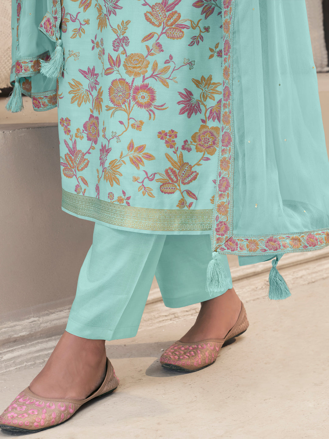 Blue Floral Jacquard Kurta Suit Set by Qivii