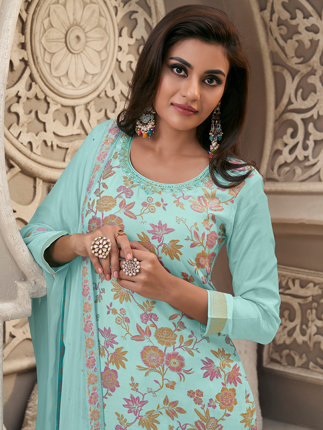 Blue Floral Jacquard Kurta Suit Set by Qivii