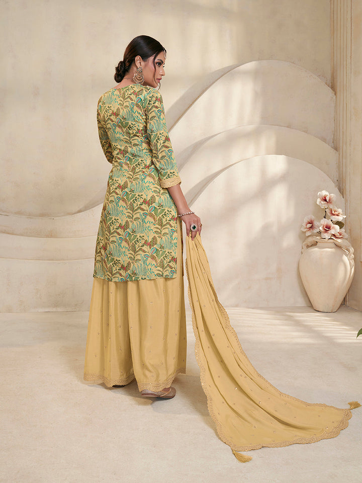 Yellow Chinon Digital Floral Printed Sharara Suit Set by Qivii