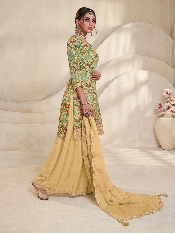 Yellow Chinon Digital Floral Printed Sharara Suit Set by Qivii