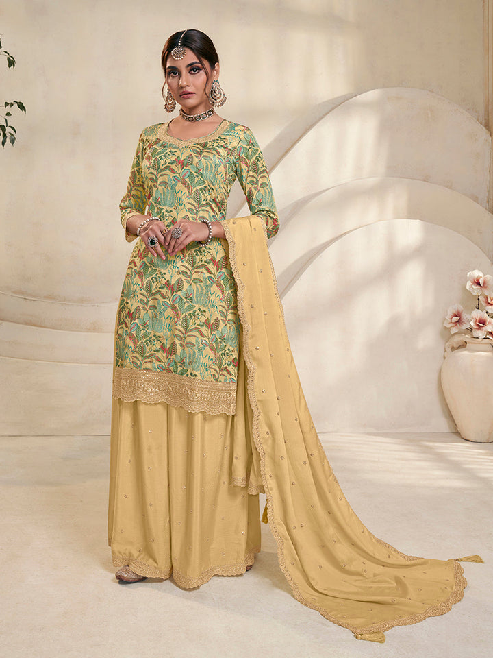 Yellow Chinon Digital Floral Printed Sharara Suit Set by Qivii