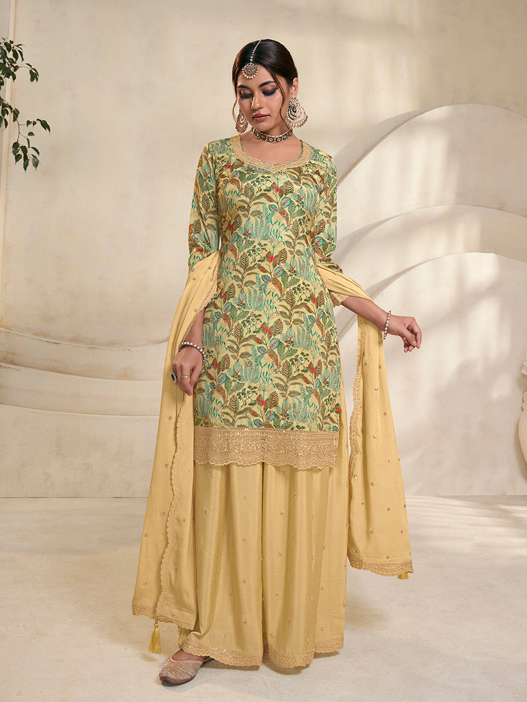 Yellow Chinon Digital Floral Printed Sharara Suit Set by Qivii