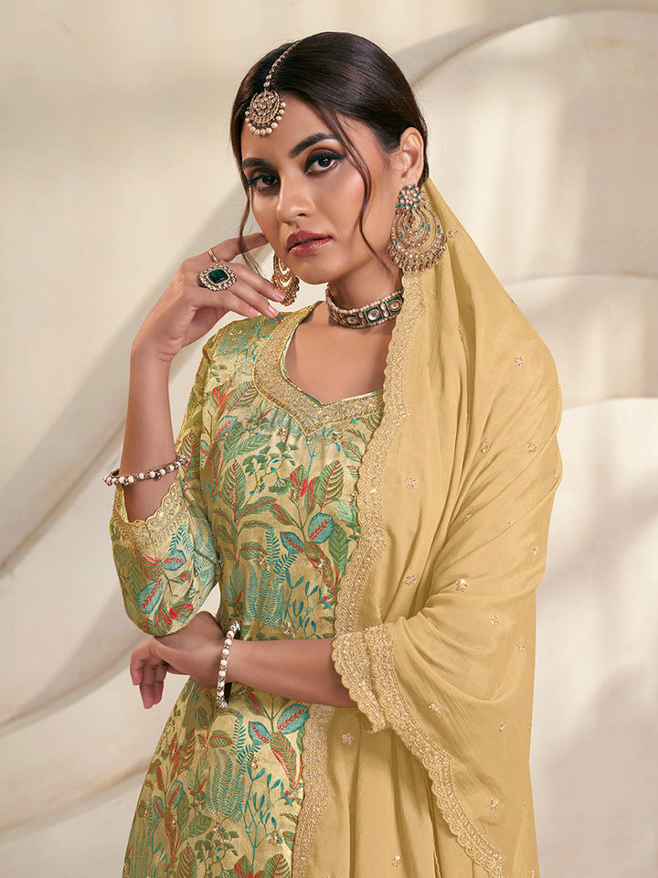 Yellow Chinon Digital Floral Printed Sharara Suit Set by Qivii