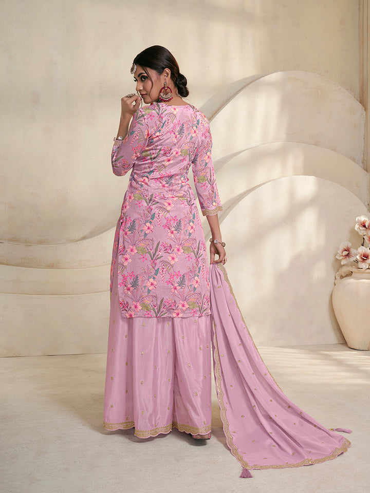 Pink Chinon Digital Floral Printed Sharara Suit Set by Qivii