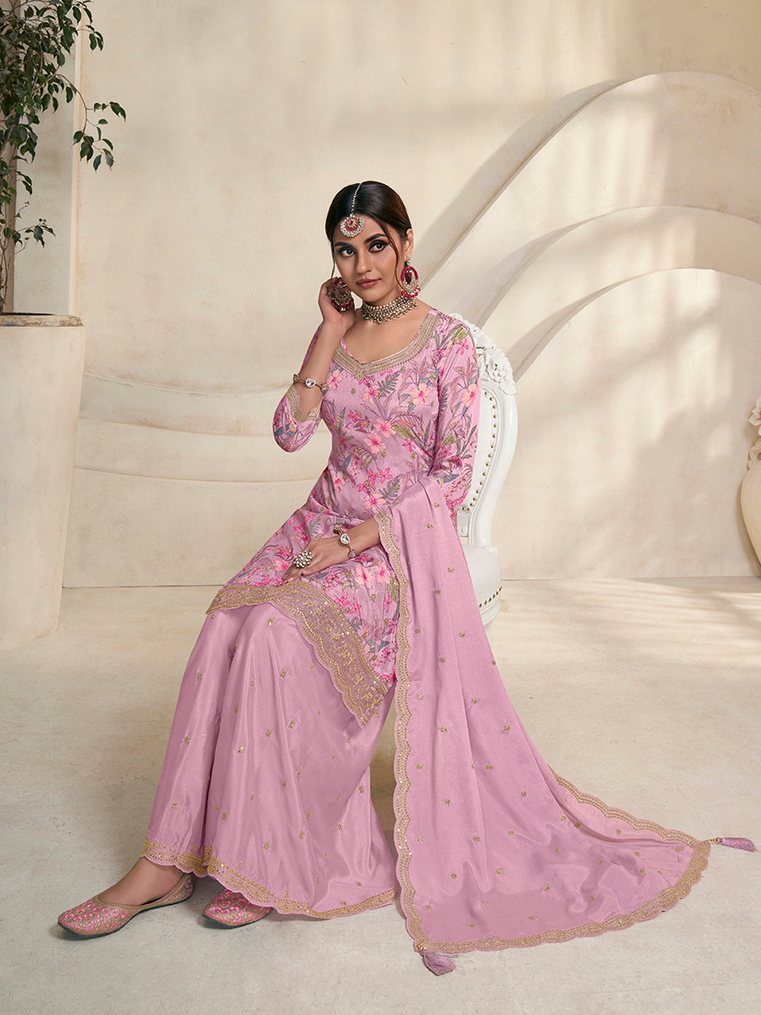 Pink Chinon Digital Floral Printed Sharara Suit Set by Qivii