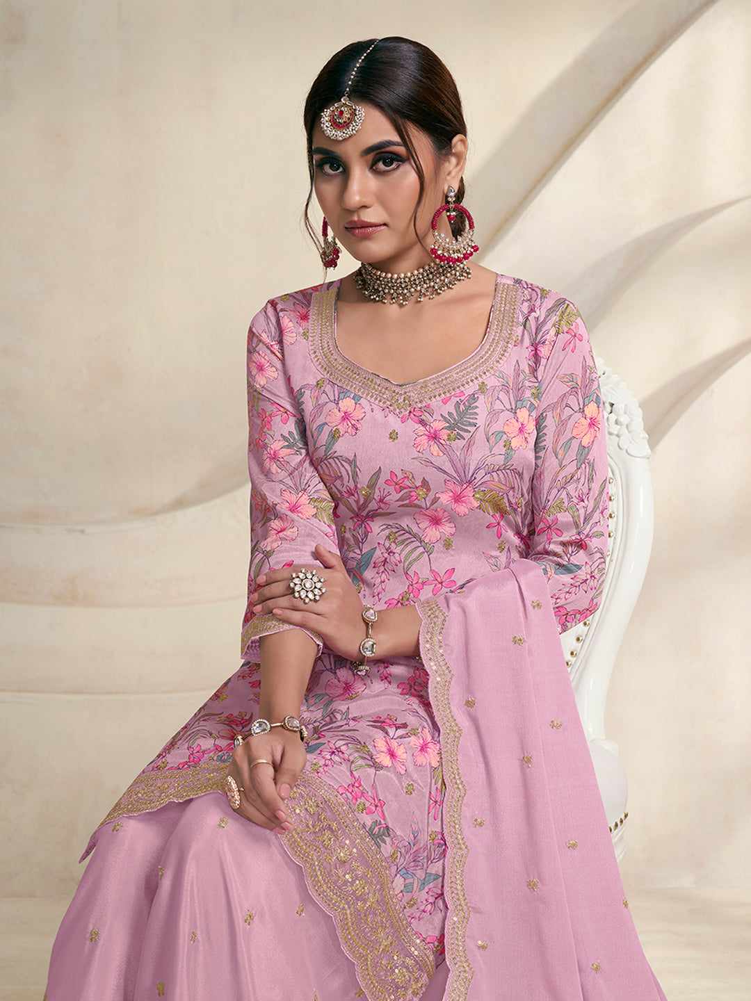 Pink Chinon Digital Floral Printed Sharara Suit Set by Qivii