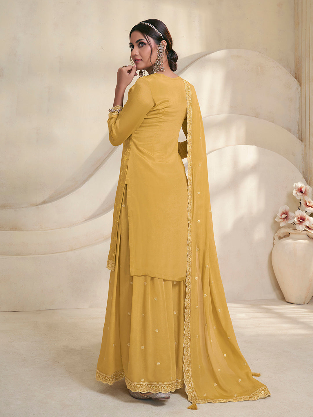 Yellow Jacquard Embroidered Sharara Suit Set by Qivii