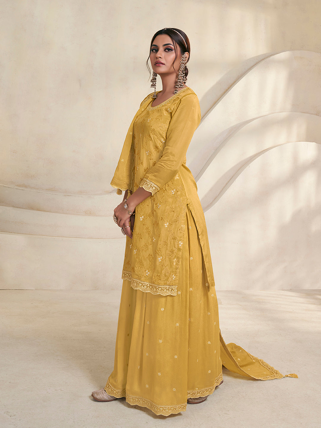 Yellow Jacquard Embroidered Sharara Suit Set by Qivii