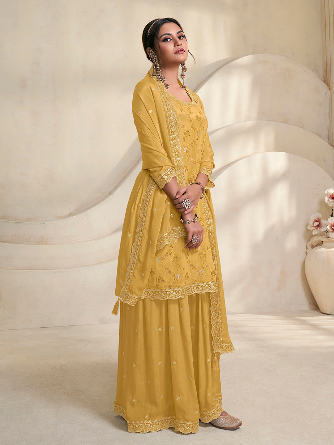 Yellow Jacquard Embroidered Sharara Suit Set by Qivii