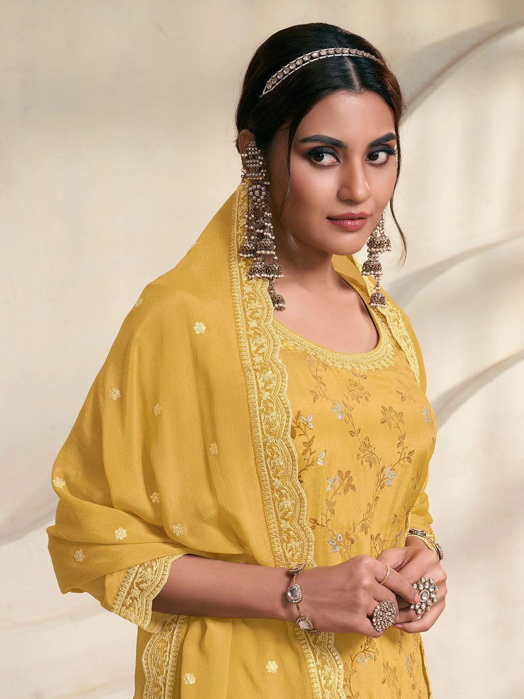 Yellow Jacquard Embroidered Sharara Suit Set by Qivii