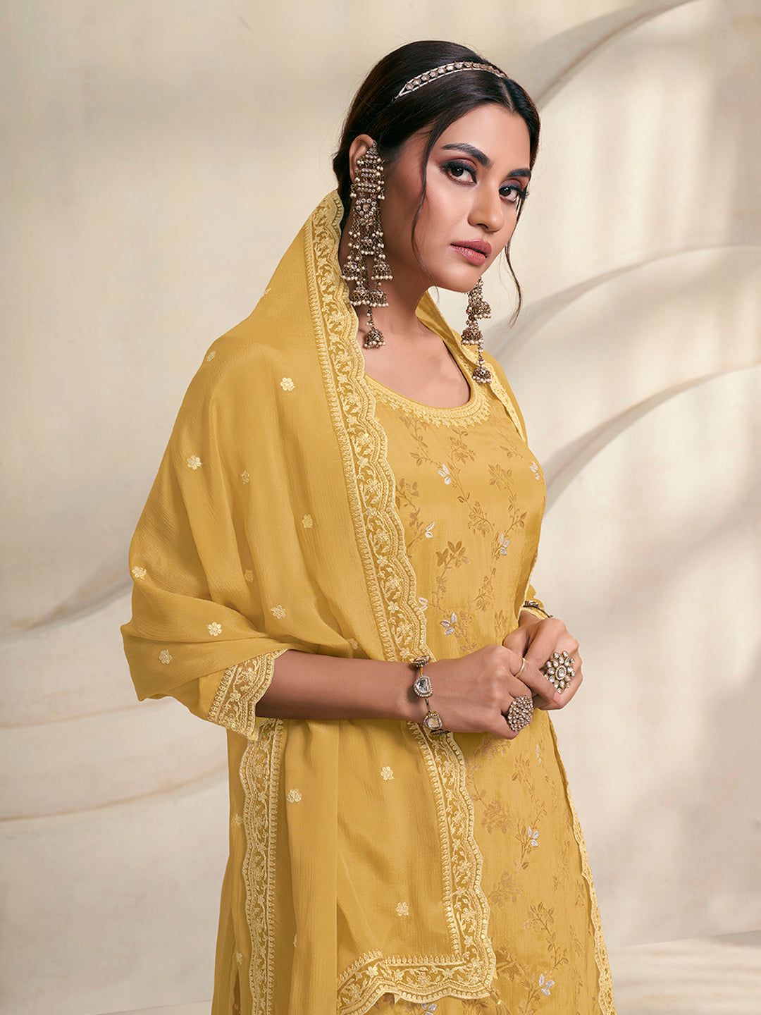 Yellow Jacquard Embroidered Sharara Suit Set by Qivii