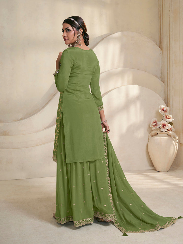 Green Jacquard Embroidered Sharara Suit Set by Qivii