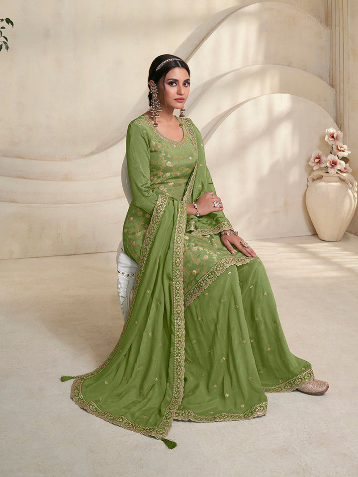 Green Jacquard Embroidered Sharara Suit Set by Qivii