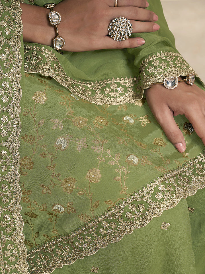 Green Jacquard Embroidered Sharara Suit Set by Qivii