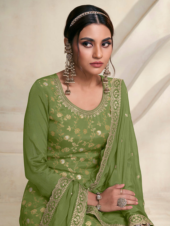 Green Jacquard Embroidered Sharara Suit Set by Qivii