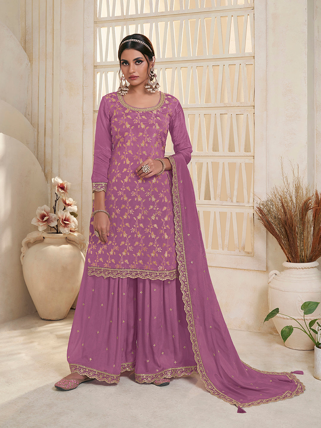Purple Jacquard Embroidered Sharara Suit Set