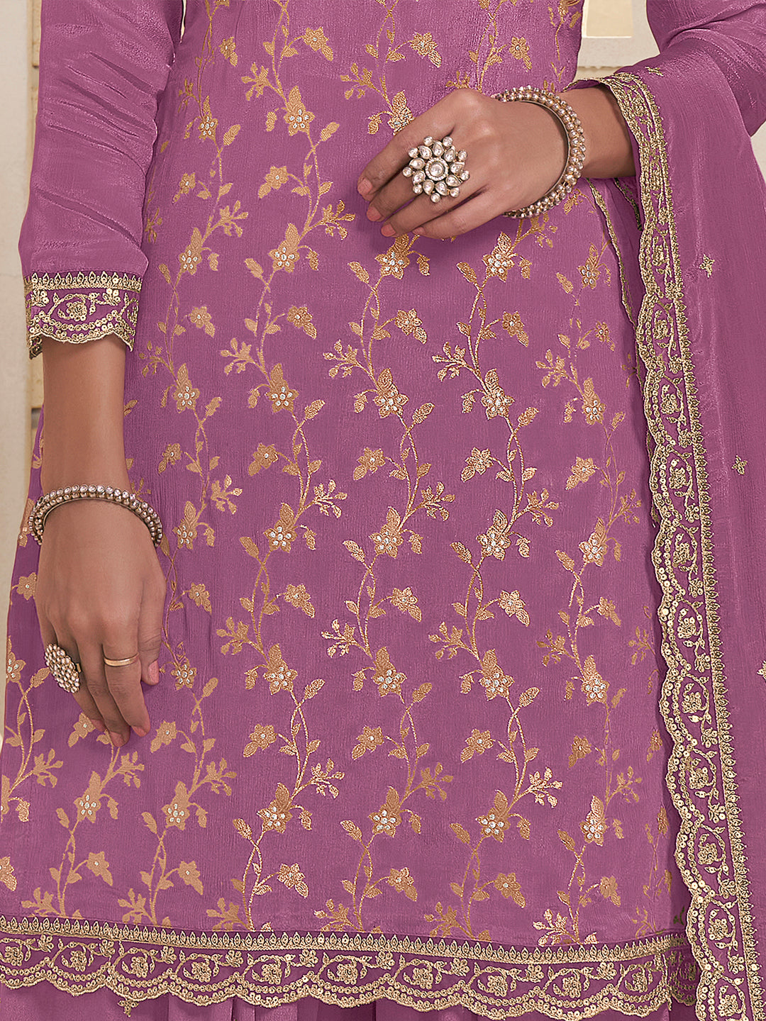 Purple Jacquard Embroidered Sharara Suit Set