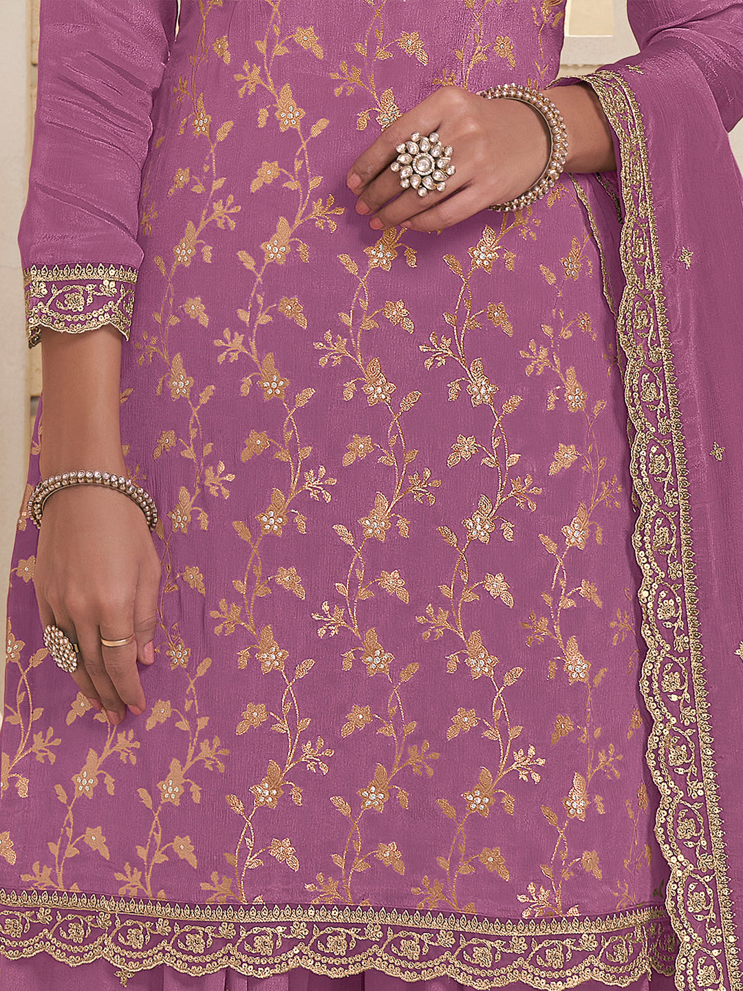 Purple Jacquard Embroidered Sharara Suit Set by Qivii