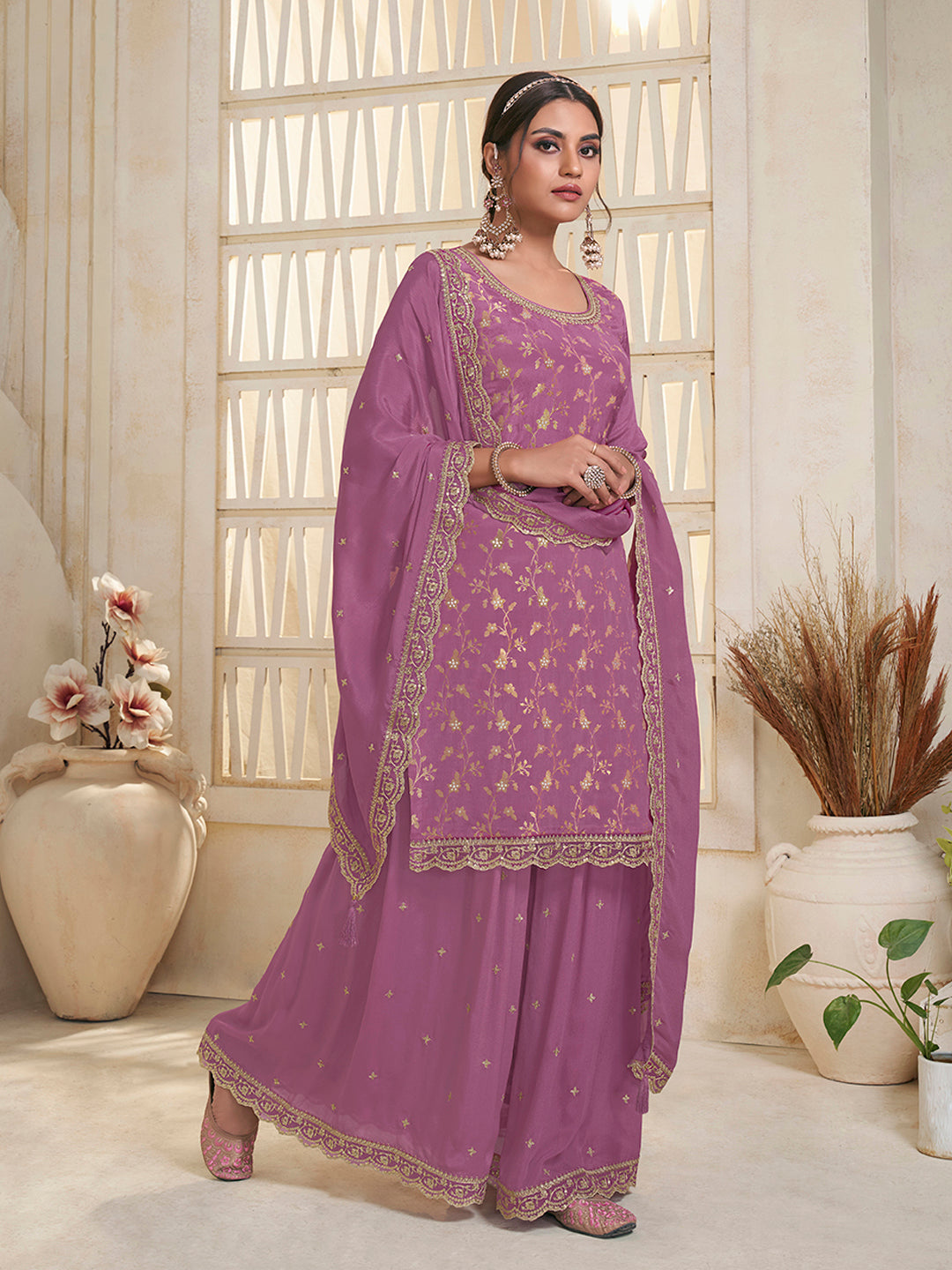 Purple Jacquard Embroidered Sharara Suit Set by Qivii