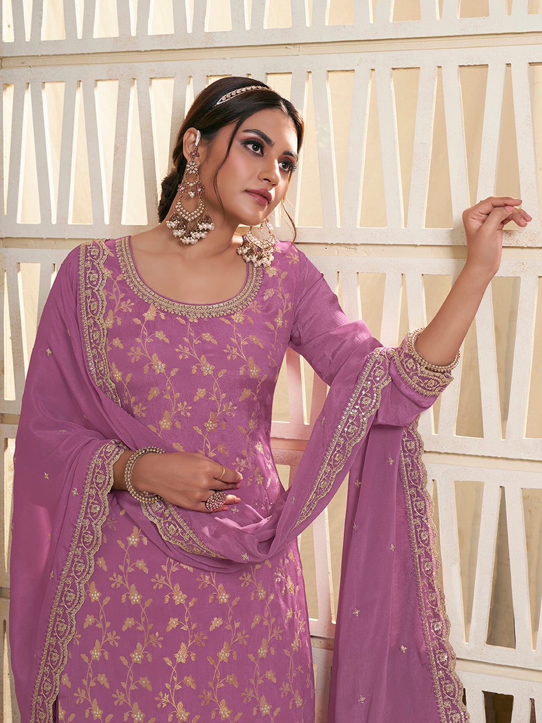 Purple Jacquard Embroidered Sharara Suit Set by Qivii