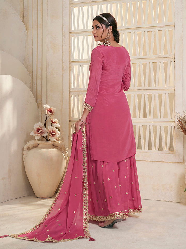 Pink Jacquard Embroidered Sharara Suit Set by Qivii