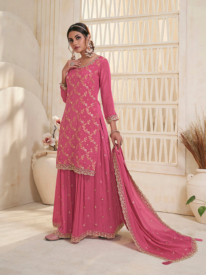 Pink Jacquard Embroidered Sharara Suit Set by Qivii