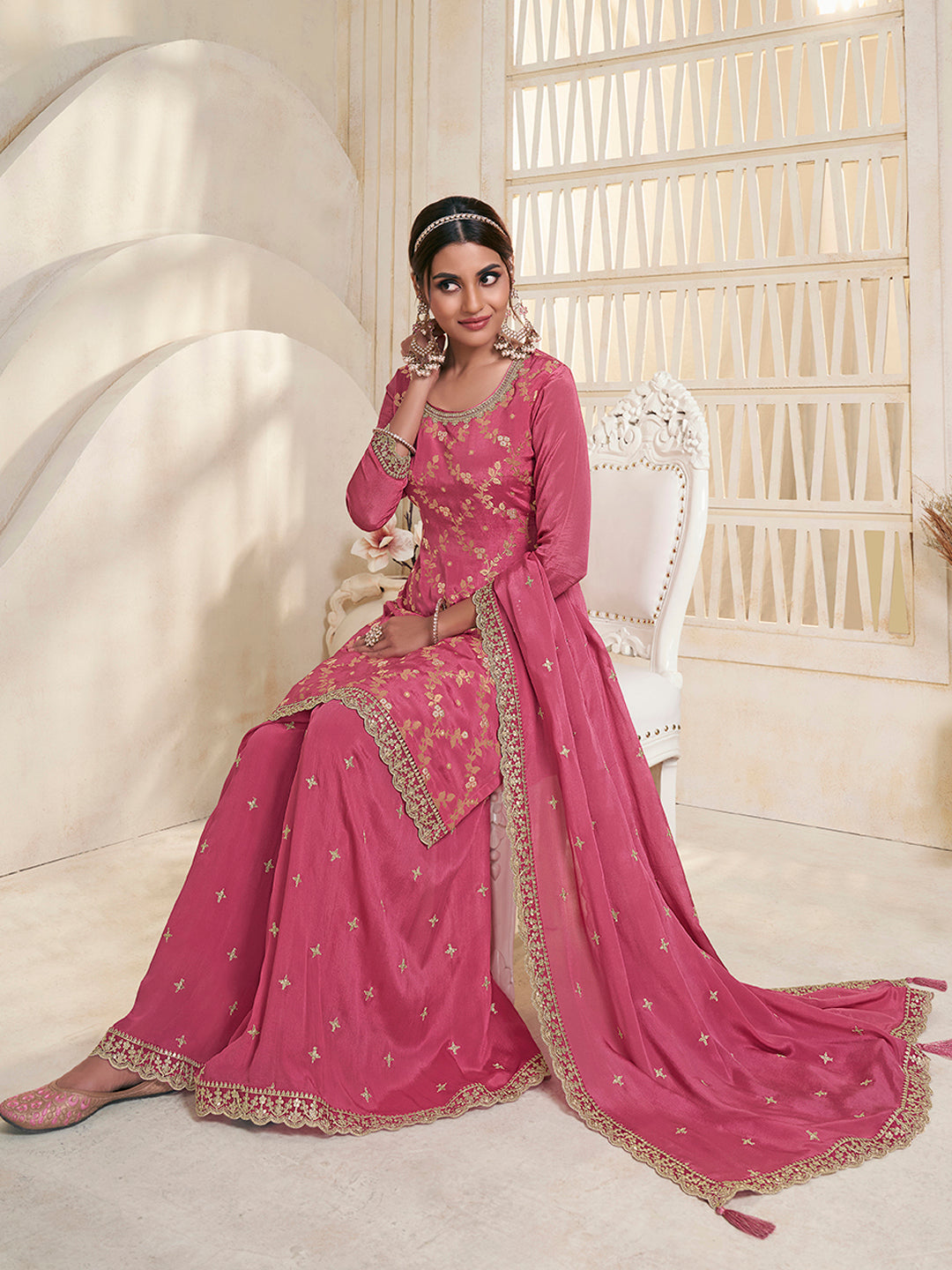 Pink Jacquard Embroidered Sharara Suit Set by Qivii