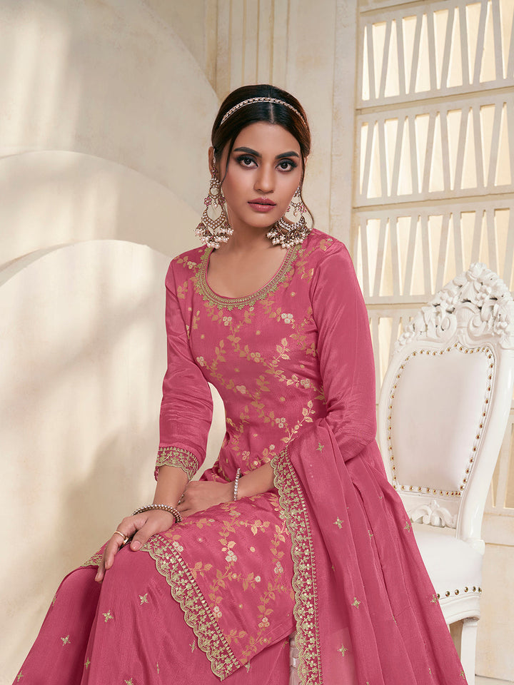 Pink Jacquard Embroidered Sharara Suit Set by Qivii