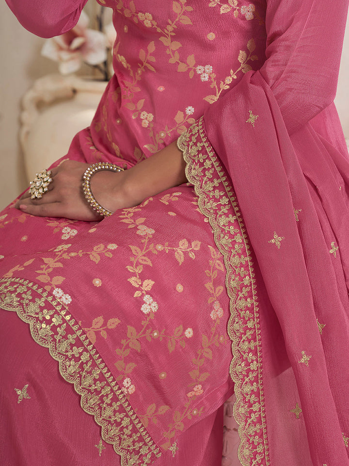 Pink Jacquard Embroidered Sharara Suit Set by Qivii