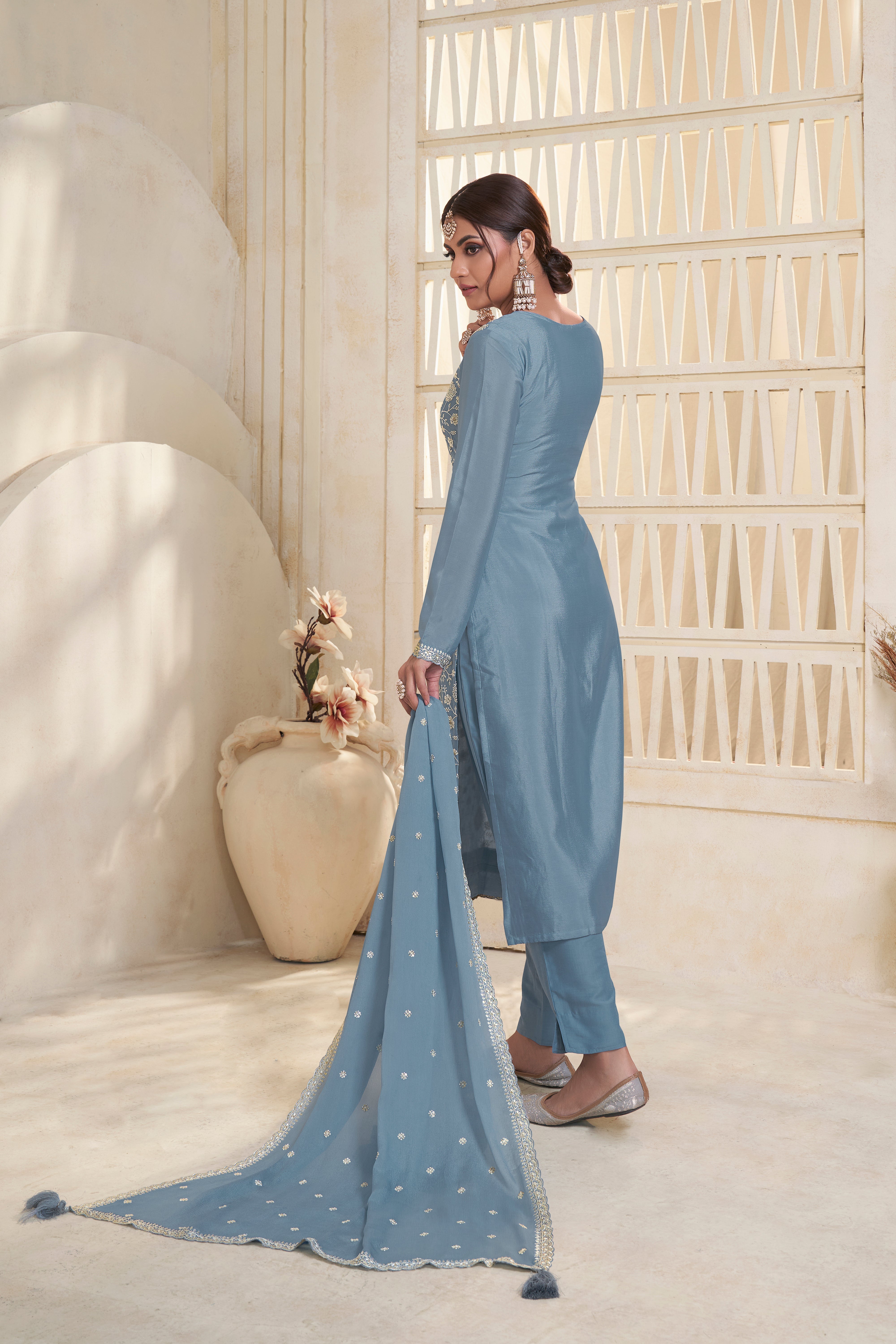 Sky Blue Kurta Set Suit in White Thread Embroidered