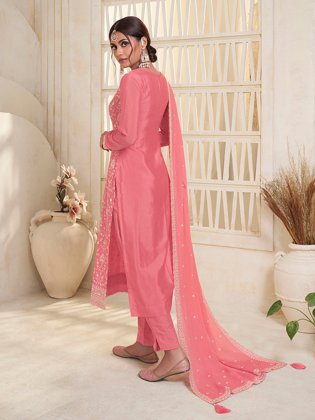 Peach White Thread Embroidered Kurta Suit Set Suit Set by Qivii