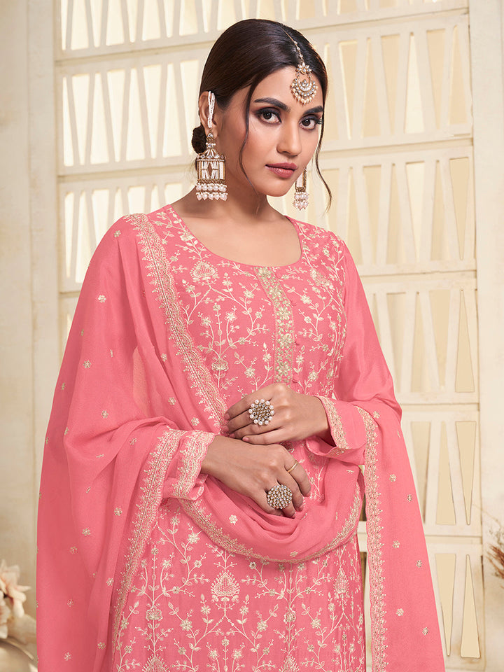 Peach White Thread Embroidered Kurta Suit Set Suit Set by Qivii