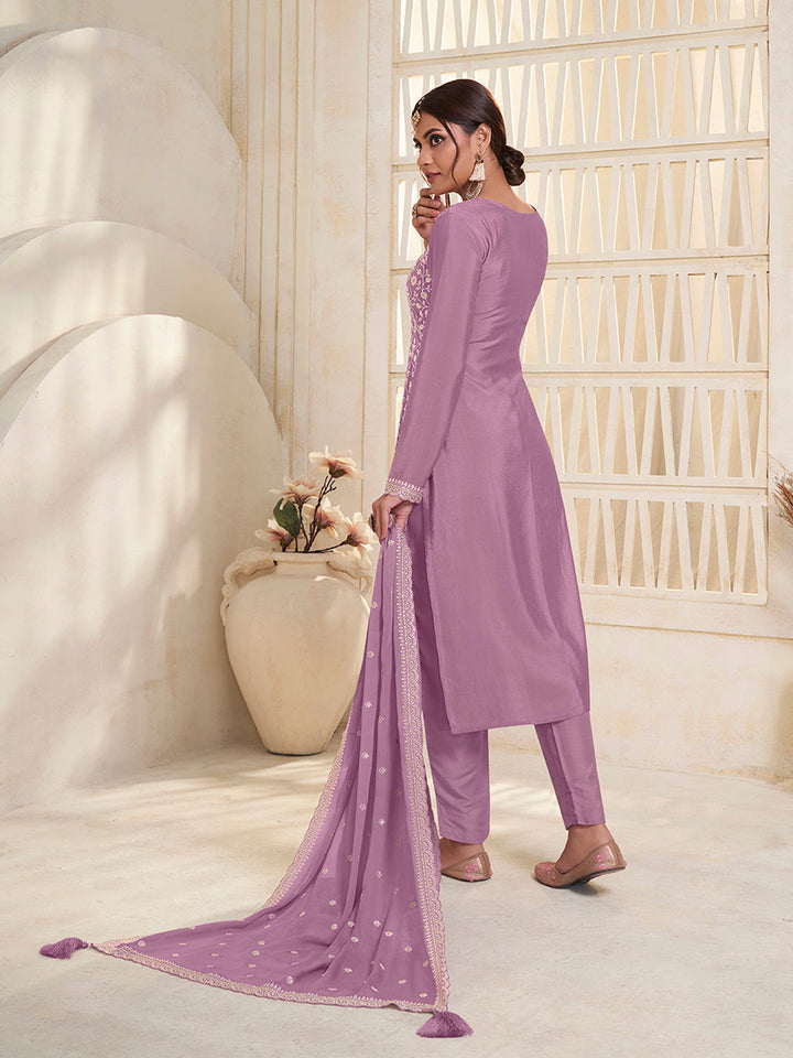 Lavender White Thread Embroidered Kurta Suit Set by Qivii